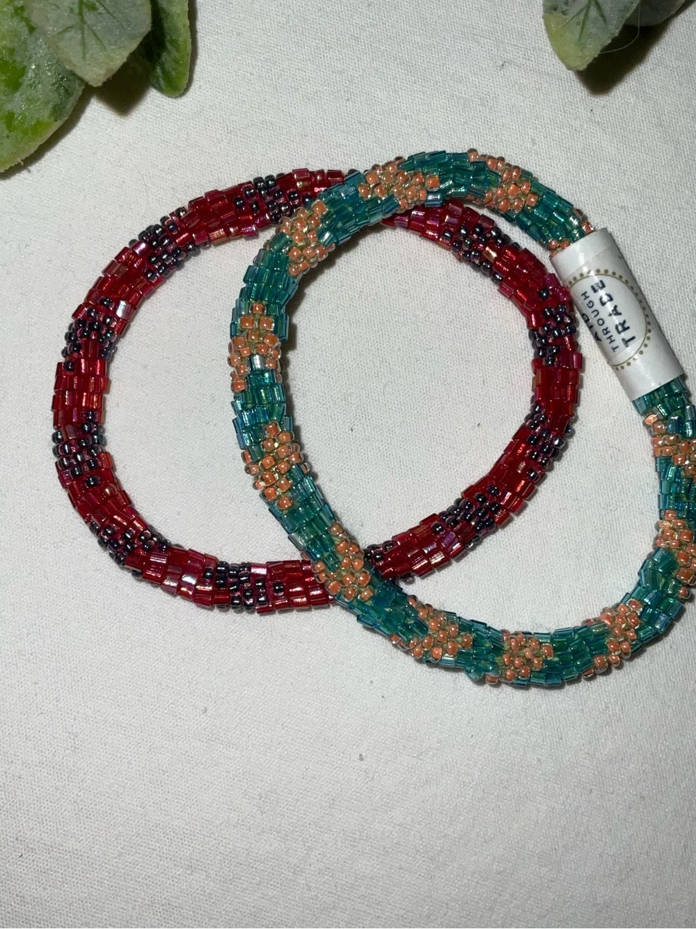 Handcrafted Beaded Bracelet Pair — Teal & Coral and Red & Black